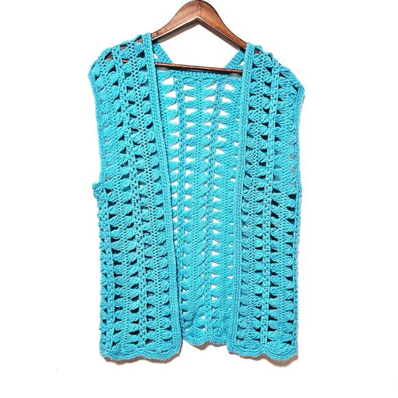 Hand Knit Aqua Open Knit Long Cardigan - Picture 1 of 4